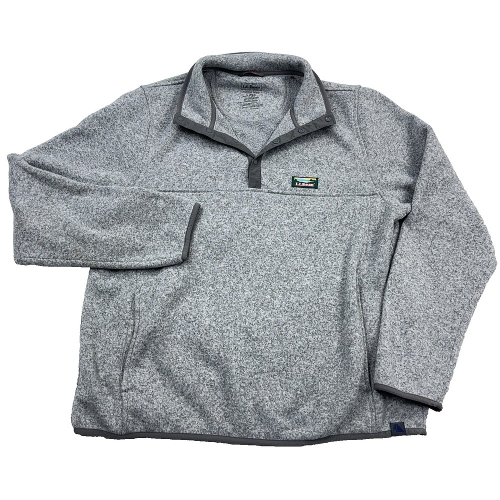 LL Bean Sweater Men Large Gray Pullover Snap T Fleece Slightly Fitted Heather